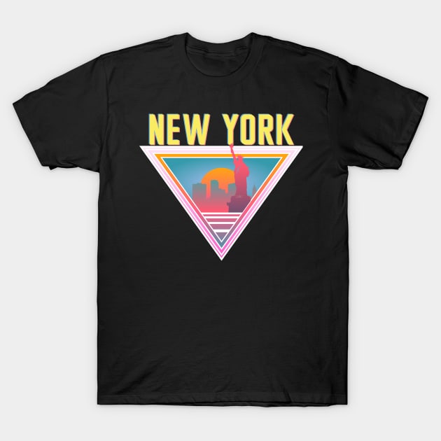 New York City Skyline Silhouette Sunrise Retro 80's / 90's Vaporwave Aesthetics - Bright Vintage Design For Sunny Summer Days T-Shirt by KritwanBlue